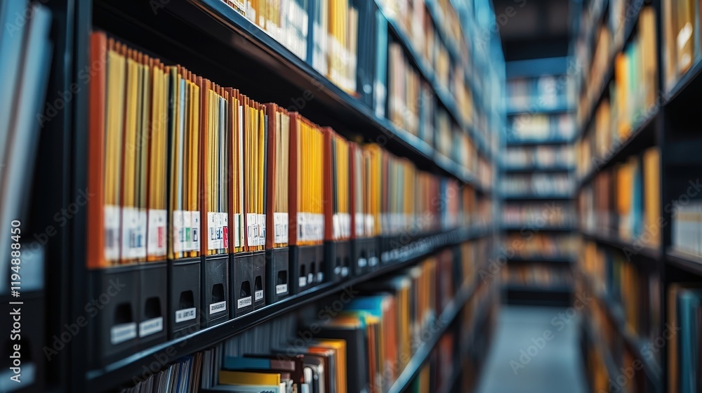 Poster modern electronic document management system with organized file folders in a large archive library