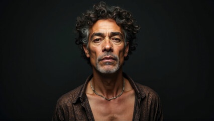 Obraz premium Mature man with curly hair poses confidently against a dark backdrop showcasing strong facial features