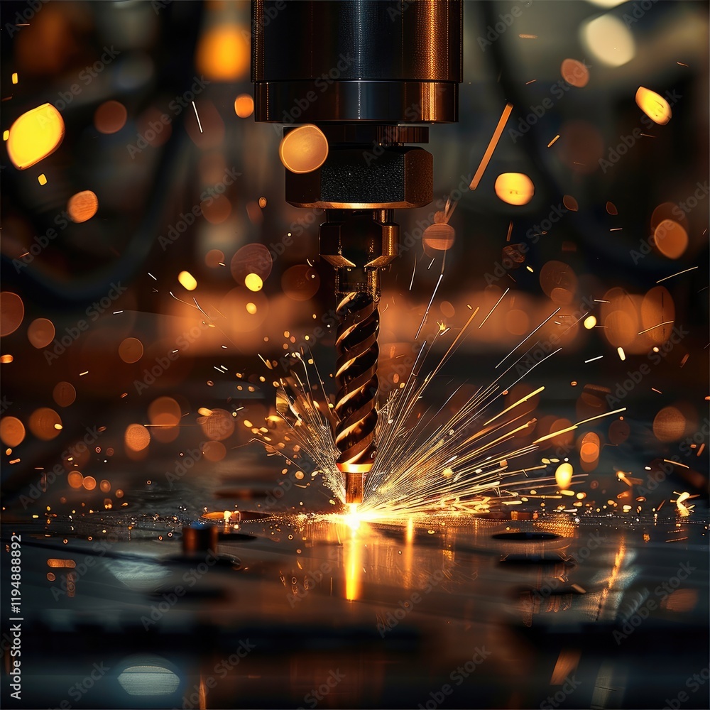 Poster A high-performance drilling machine with angled drill bit piercing through a hard material. Bright sparks fly dramatically from the contact point, lighting up the industrial scene with a fiery glow.