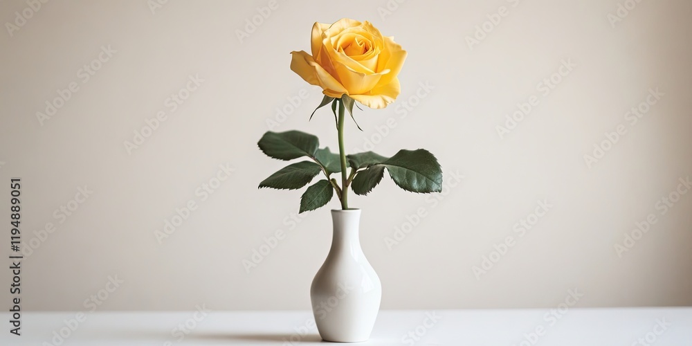 Aufkleber yellow rose in a small white vase on a white table against a soft neutral backdrop emphasizing the f