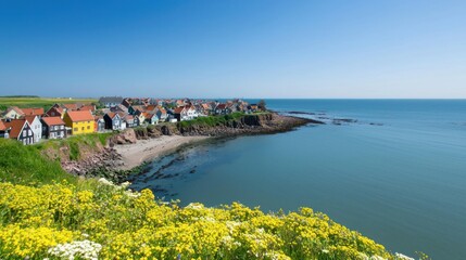 Fototapeta premium Coastal village, sunny day, ocean view, flowers