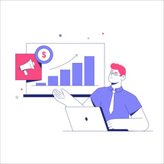 Male Marketing Specialist With Laptop And Bar Graphs In Flat Vector Illustration Symbolizing Marketing, Growth, And Analytics, Isolated On White Background.