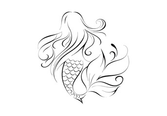 Vintage Mermaid Woodcut Engraving Style Vector Illustration with Intricate Hand-Drawn Details