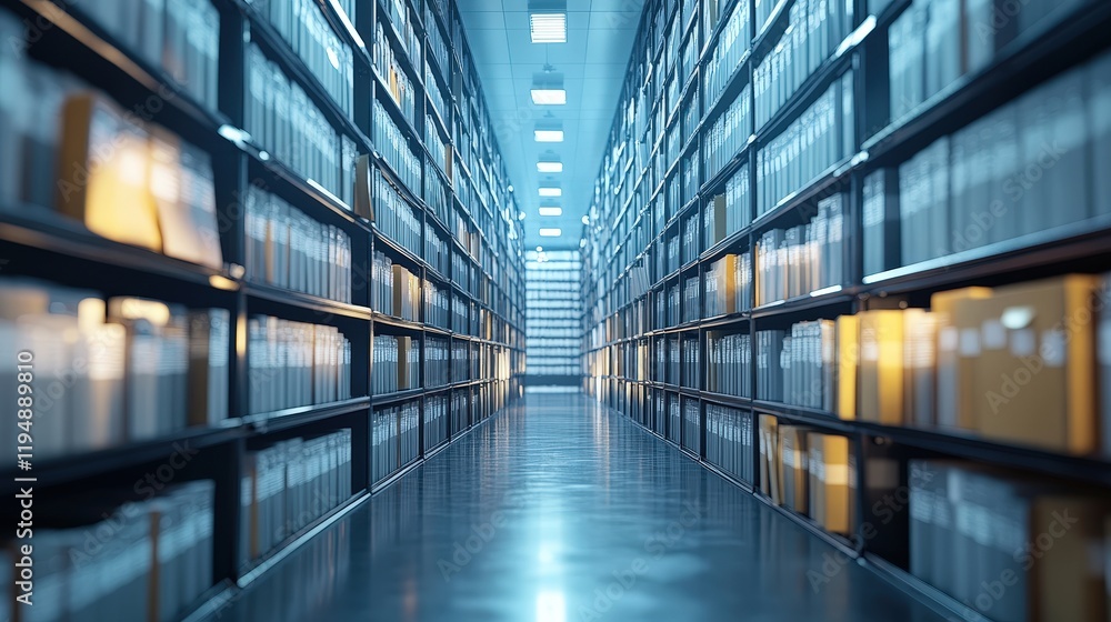 Poster modern electronic document management system with organized shelves and clear pathway showcasing fil