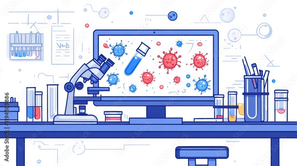 Aufkleber laboratory workbench with microscopes, colorful bacteria visuals, and various test tubes in a resear