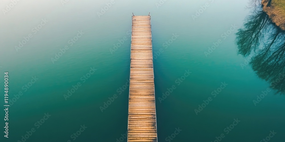 Poster aerial view of a wooden jetty extending into a calm turquoise lake surrounded by reflections and a s