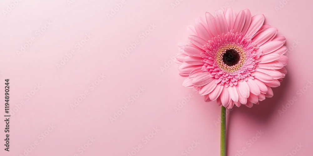 Poster Aerial view of a vibrant pink gerbera flower positioned on the right against a soft pink background with ample empty space for text.