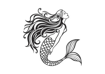 Vintage Mermaid Woodcut Engraving Style Vector Illustration with Intricate Hand-Drawn Details