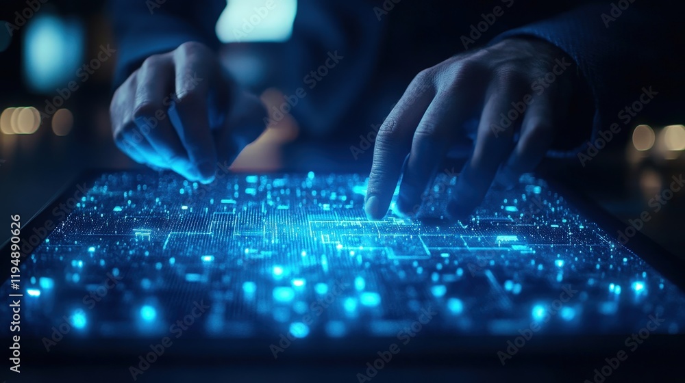 Poster hands of a businessman interacting with a digital interface for file transfer and data concepts in a