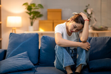 Naklejka premium A woman is sitting on a blue couch with her head in her hands