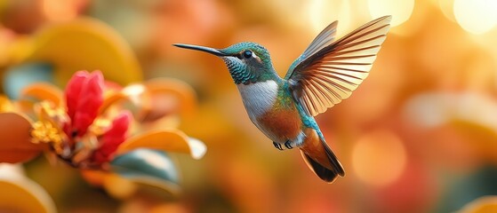 Fototapeta premium [Vibrant hummingbird perched on colorful autumn leaves] Vibrant Autumn Hummingbird Perched on Blooming Branches amidst Yellow and Orange Flowers