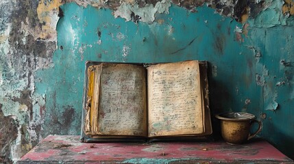 An open ancient book rests on a weathered table. The colorful wall creates a nostalgic feel. This scene evokes curiosity about hidden stories. Generative AI