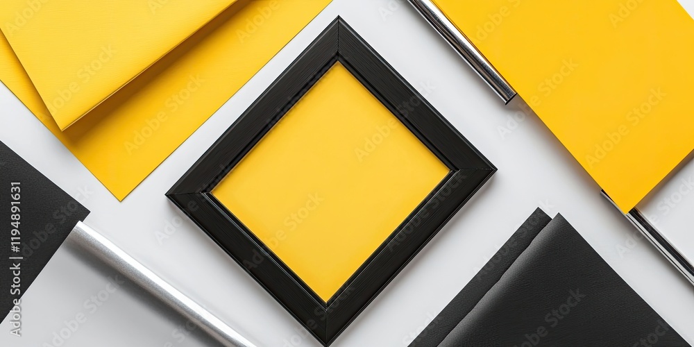 Poster minimalistic flat lay of an empty black photo frame centered among vibrant yellow paper sheets and s