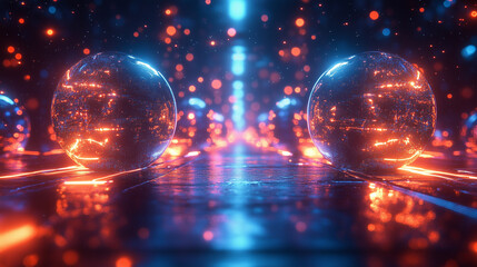A rhythmic arrangement of glowing spheres with bright highlights reflected in a deep blue space.
