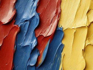 Close-up of textured oil paint in blue, red, and yellow.