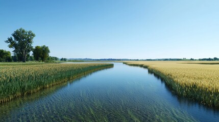 Fototapeta premium Serene Summer Wheat Field and River
