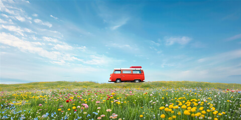 Red Camper van in the field against blue sky, version 3