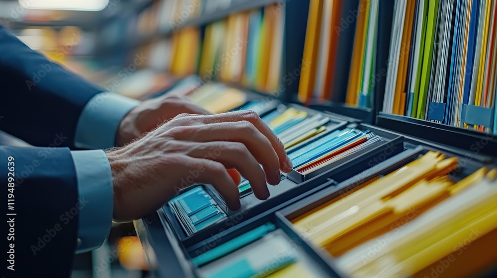 Poster professional hand organizing colorful files in modern document management system for efficient data 