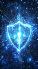 Futuristic Shield with Padlock Symbol Illuminated in Blue Light