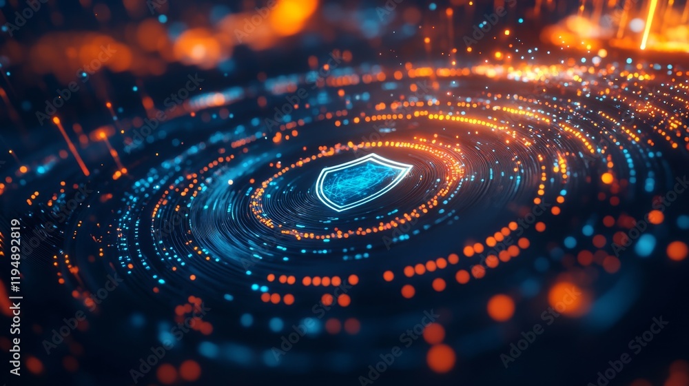 Poster futuristic technology concept with glowing shield and abstract pattern