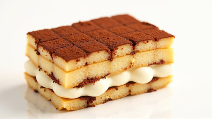 Layered dessert with creamy filling and cocoa powder in a minimalist style