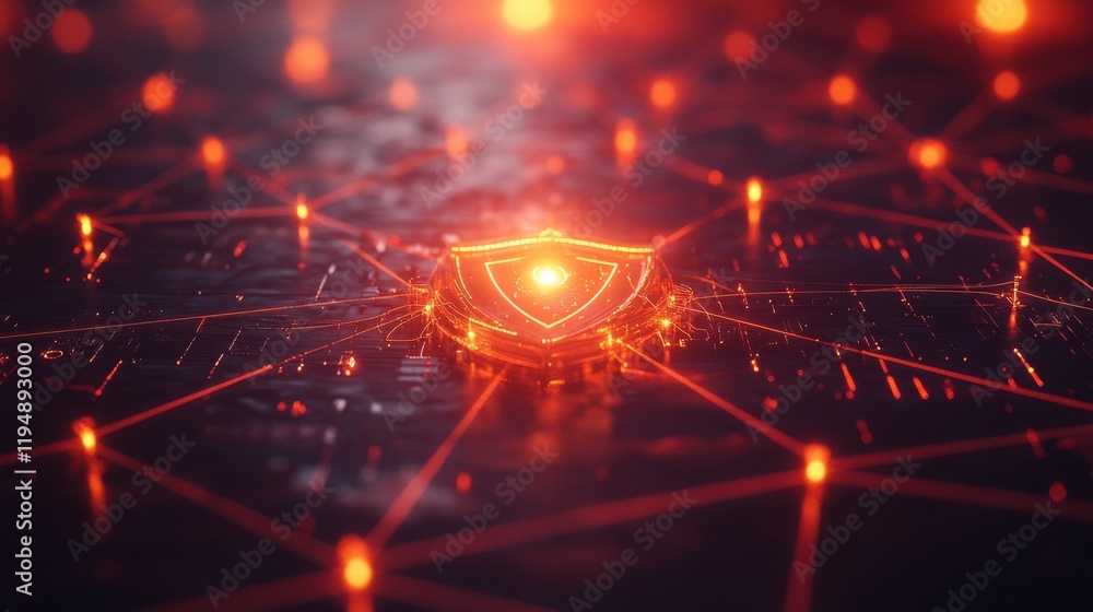 Poster interconnected nodes with security shield in a creative backdrop