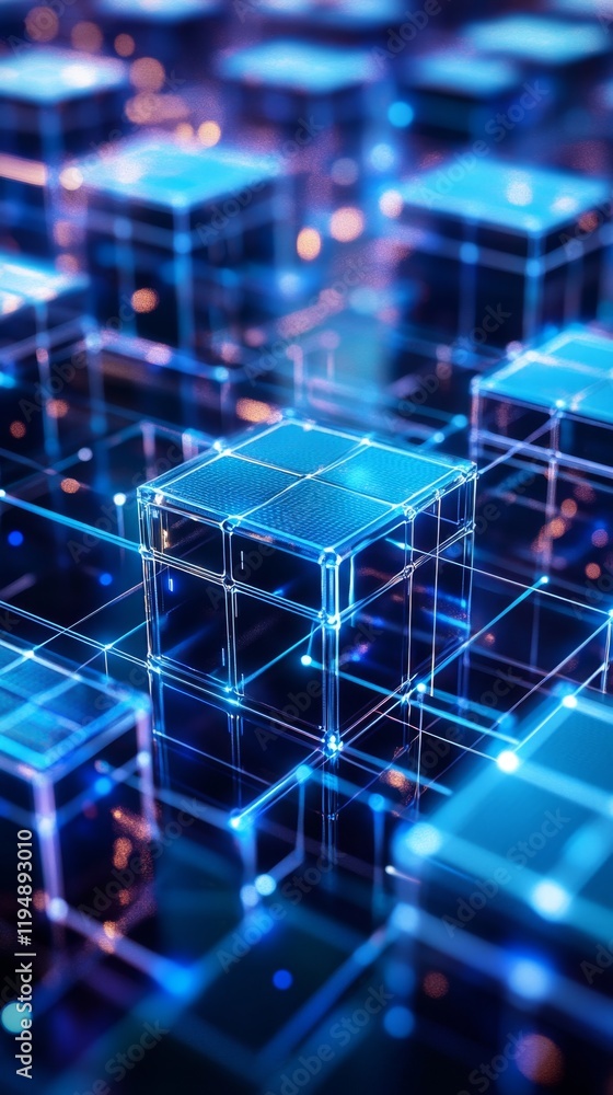 Poster detailed 3d render of interconnected data blocks in futuristic environment