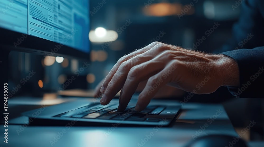 Poster close-up of a person's hand typing on a keyboard in a modern office environment with a computer scre