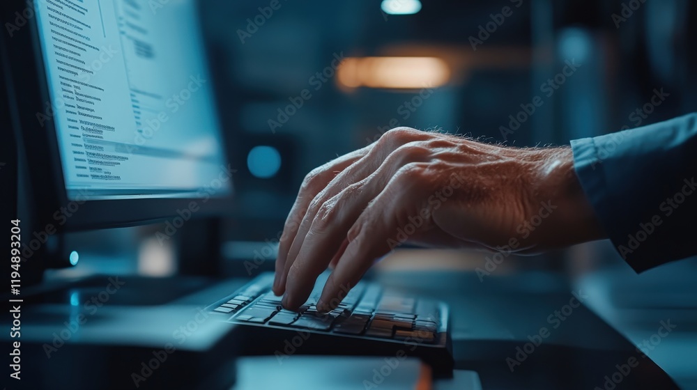 Poster hands typing on keyboard in modern office environment with computer screen displaying document manag