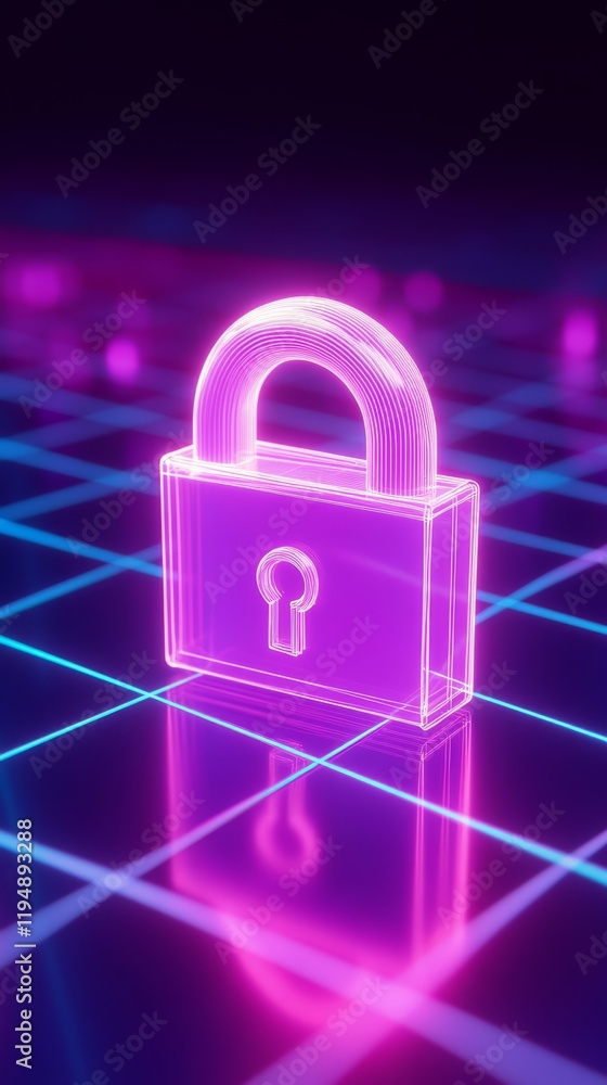 Poster glowing padlock icon in high-tech grid background design