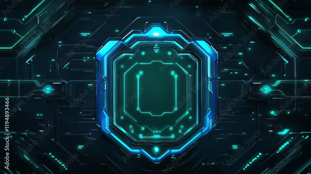 Poster glowing blue and green network nodes with lines on dark background