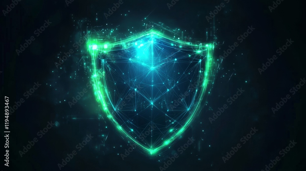 Poster glowing blue and green network nodes with lines in abstract shield design