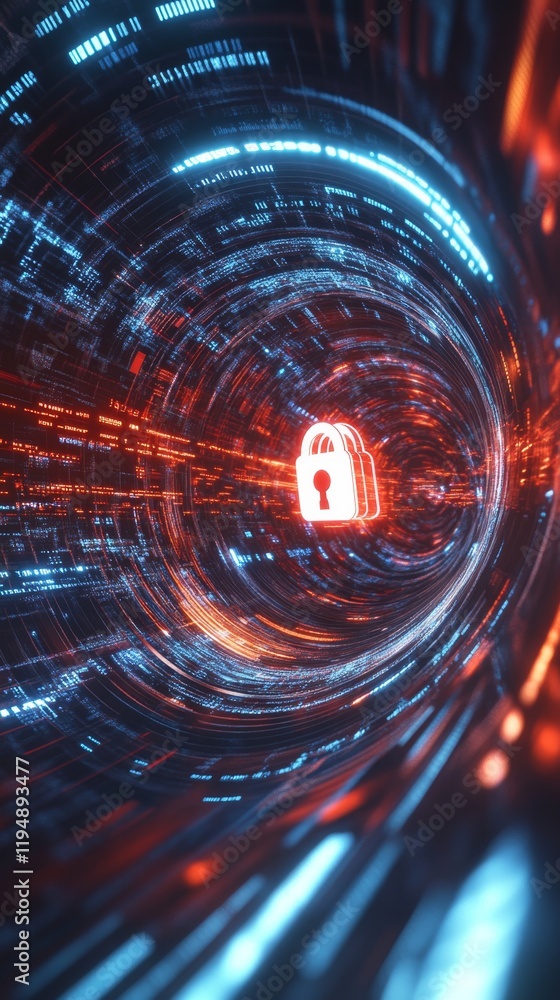 Poster modern tech design featuring swirling data streams and security icon