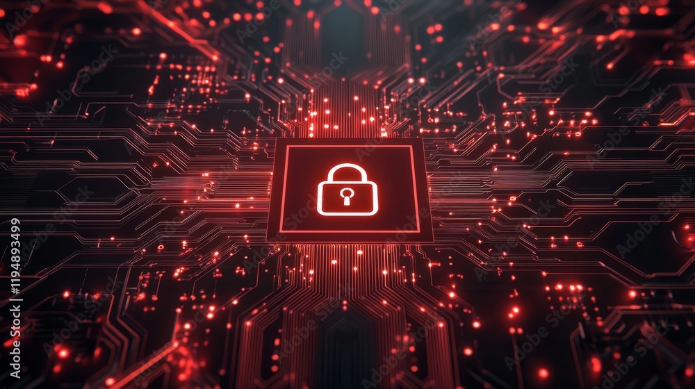 Poster sleek abstract background with glowing circuit design and lock symbol