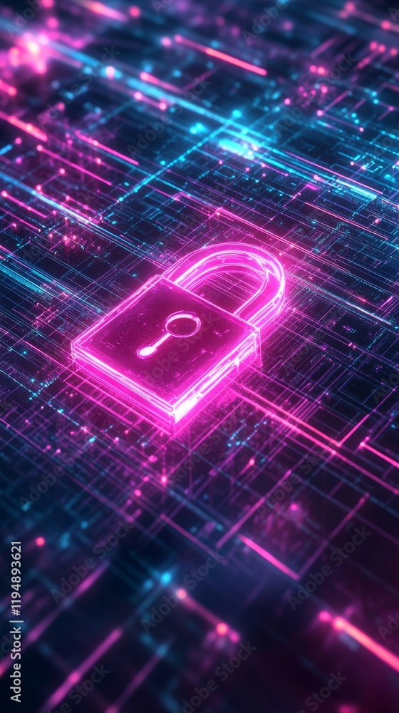 Poster glowing lock symbol representing data protection in abstract background