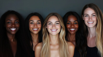 Obraz premium Group of diverse multiracial and multi ethnic female woman smiling. International Women's day 