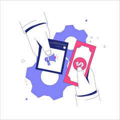 Hands Holding A Banknote And A Marketing Document In Flat Vector Illustration Symbolizing Financial Transactions And Digital Marketing, Isolated On White Background