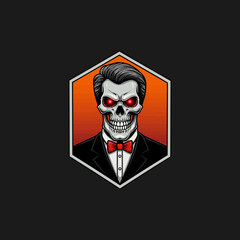 A stylized skull wearing a suit and bowtie is depicted within a hexagonal frame against an orange background.