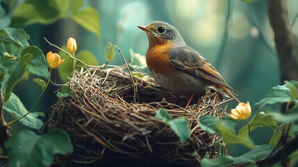 Illustration of Bird, Nest, Nature Wildlife, Spring, Leaves, Flowers, Branches, Forest, Animal, Sanctuary