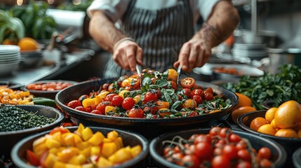 Obraz premium A chef preparing a colorful vegan dish, emphasizing healthy eating trend.