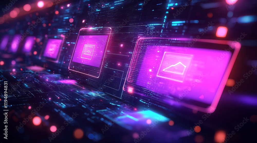 Aufkleber abstract digital data flow with neon glow web pink blue code light