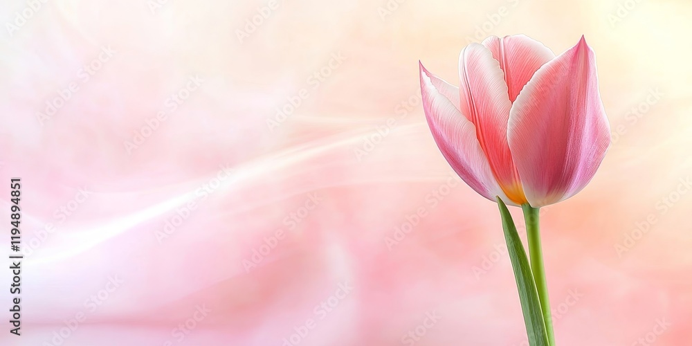 Poster delicate pink tulip with green stem positioned on the right against a soft abstract pastel backgroun