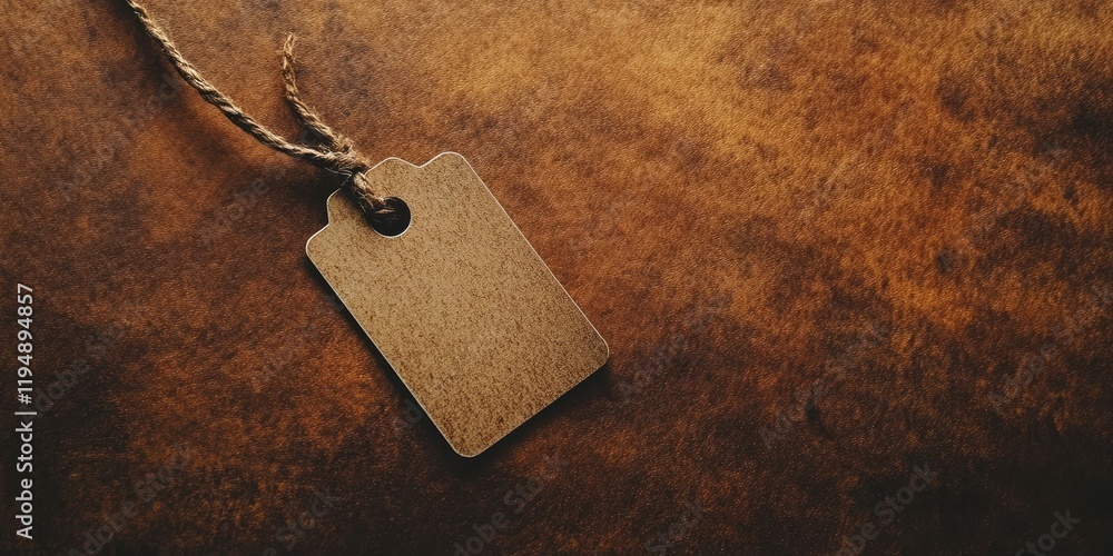 Poster empty vintage security tag on a textured brown background with a string, ideal for labeling or text 
