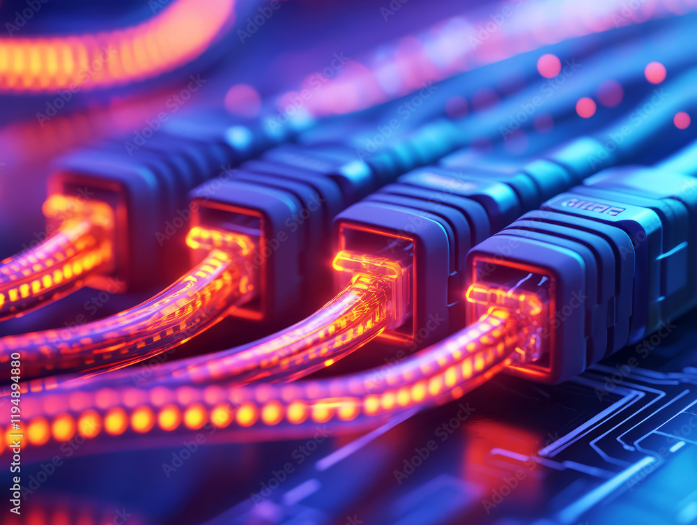 Aufkleber close-up view of glowing ethernet cables connected to circuit board technology background