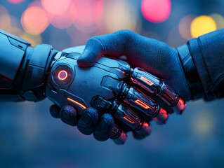 Futuristic Handshake Between Human and Robotic Arm in Glowing Urban Environment