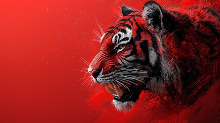 Red tiger profile, fierce expression, red background, digital art, wildlife poster