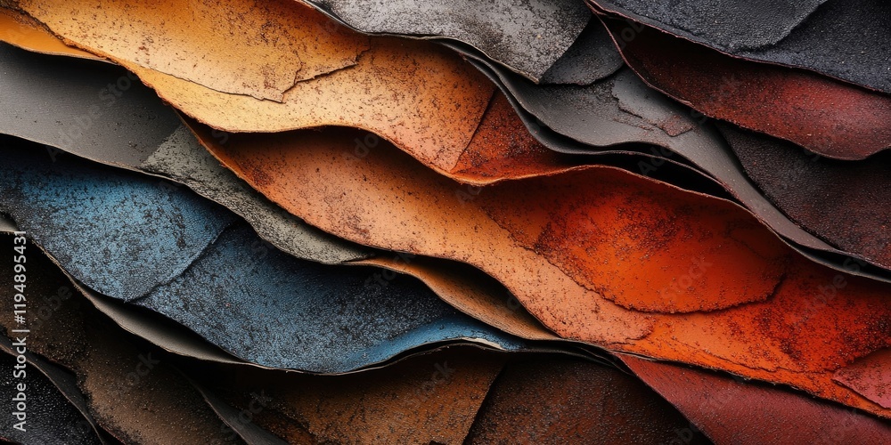 Poster layered abstract background with textured paper-like waves in warm colors of orange, rust, gray, and