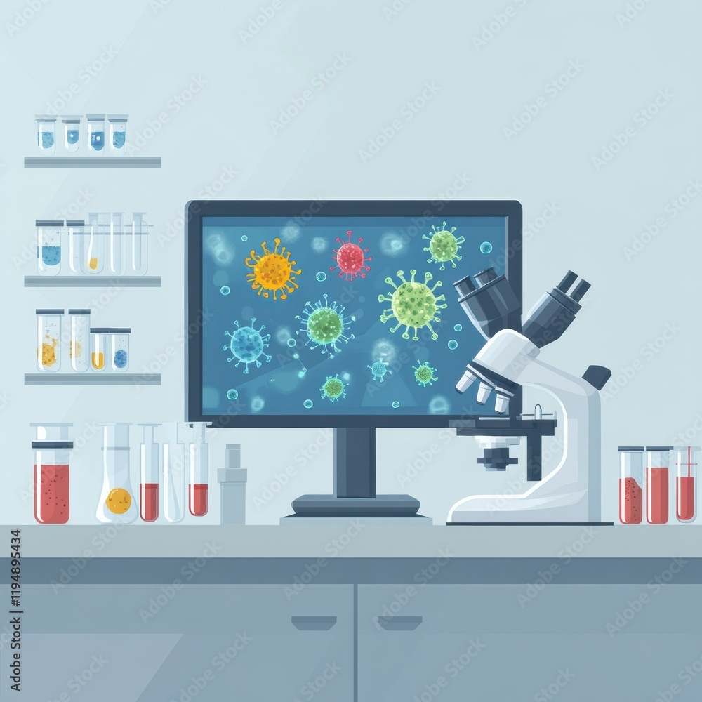 Poster laboratory workspace showcasing microscopes, test tubes, and digital bacteria visuals on a monitor. 
