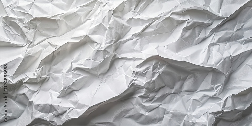 Poster textured crumpled white paper background with deep folds and shadows highlighting intricacies, creat