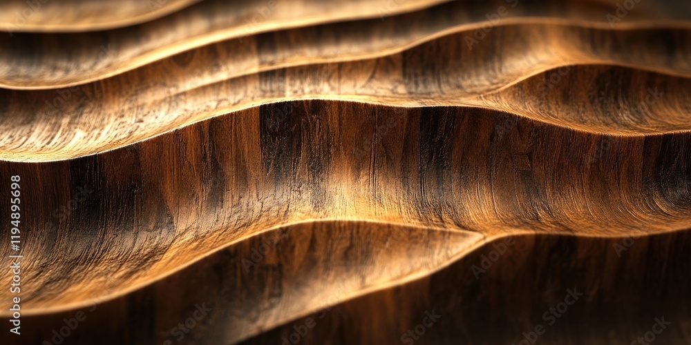 Poster textured wooden waves creating a warm gradient of brown and gold highlighting depth and dimension, w